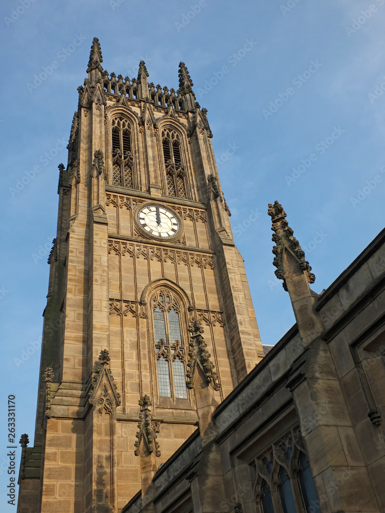 view of the tower of the historic saint peters minster in leeds formerly the parish church completed in 1841