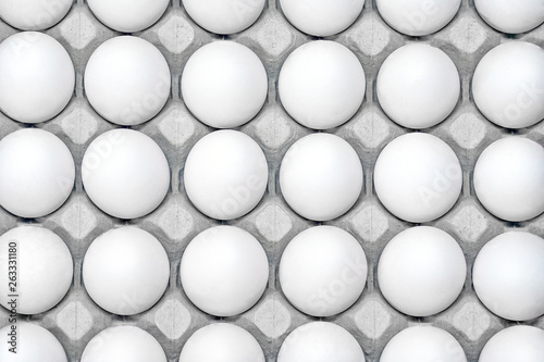 White chicken eggs in the package. Chicken eggs in carton box. Top view eggs background
