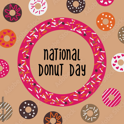 National Donut Day greeting card, poster, banner. USA american traditional holiday background with doughnut frame and pattern. Vector illustration