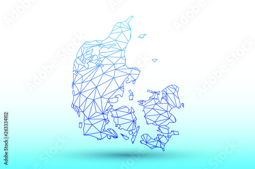 Denmark map vector of blue color geometric connected lines using triangles on light background illustration meaning strong network