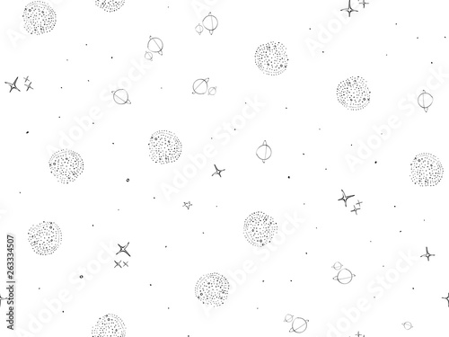 Cosmos, space, planets, stars seamless pattern. Space, univrse black and white sketch. Galaxies and stars cute doodle baby elements. Childish background. Hand drown design for kids Vector illustration