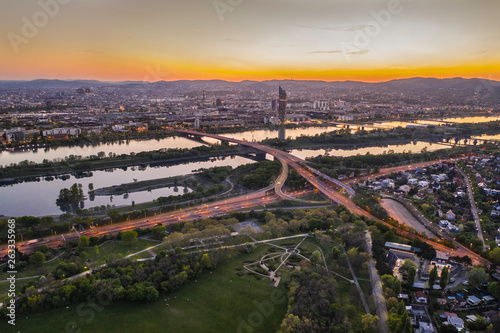Beautiful drone shot of Vienna at sunset from up above