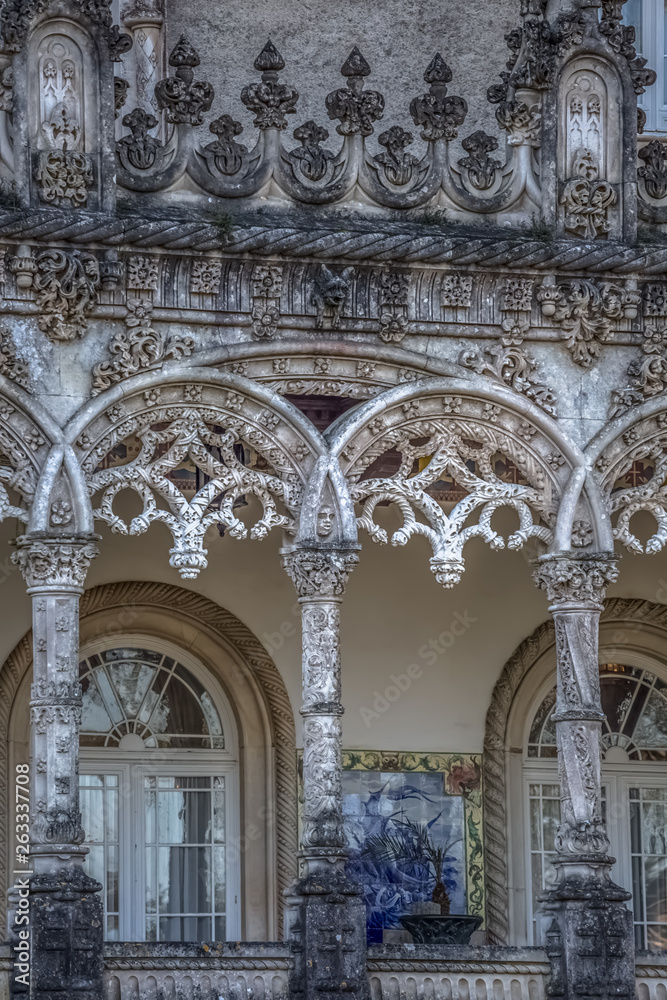 Detail view of the Bussaco Palace, building of neogothic architecture