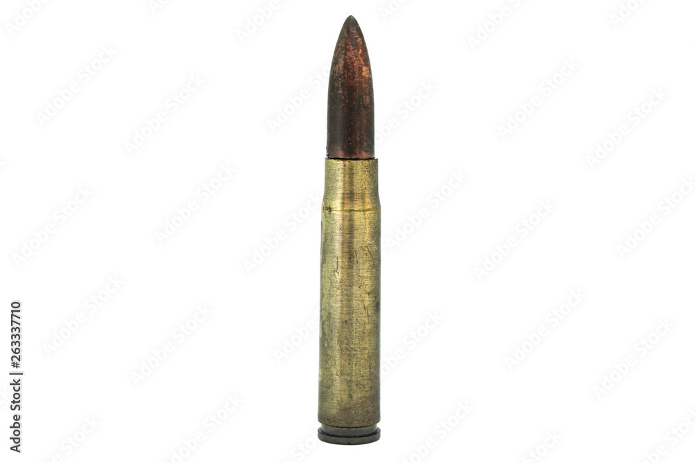 Rusty shabby steel bullet close-up isolated on white background. 50 Caliber Machine Gun Ammunition. Use with many military forces since the end of WWI. Rusty shabby steel bullet close-up isolated on white background. 50 Caliber Machine Gun Ammunition. Use with many military forces since the end of WWI.