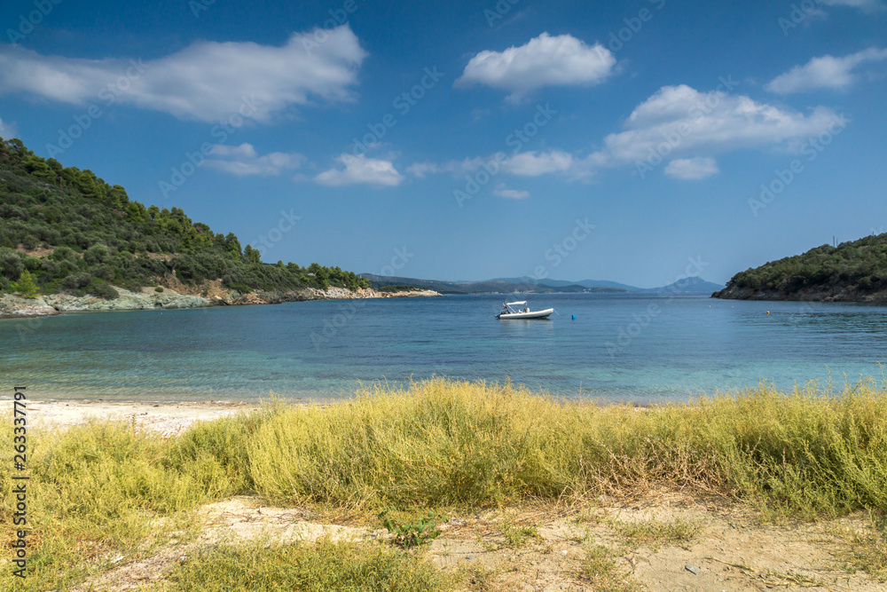 Summer view of Vathi Beach at Sithonia peninsula, Chalkidiki, Central Macedonia, Greece