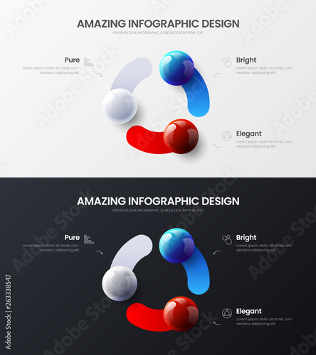 Premium quality 3 option marketing analytics presentation vector illustration template bundle. Business data visualization design layout. Amazing colorful 3D balls corporate statistics infographic set