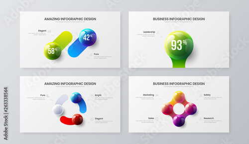 1, 2, 3, 4 step marketing analytics presentation vector illustration template bundle. Business data visualization design collection layout. Colorful 3D balls corporate statistics infographic set.