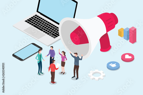 isometric social media marketing concept business with team people and megaphone or loudspeaker - vector