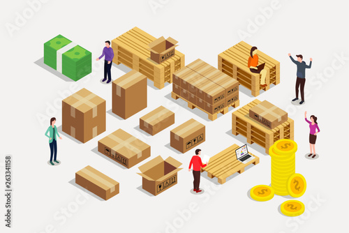 shipping shipment business concept with team people and delivery rack goods package - vector