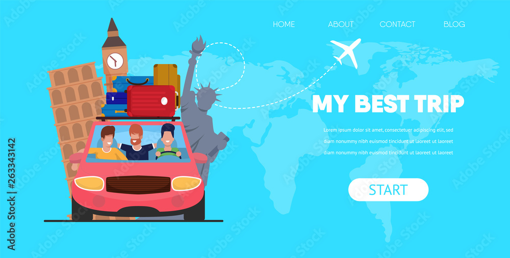 Man Drive Car Luggage on Roof Travel Friends Man Drive Car Luggage on Roof Travel Friends