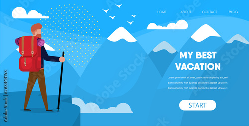 Man Traveler with Backpack Mountain Snow Peak