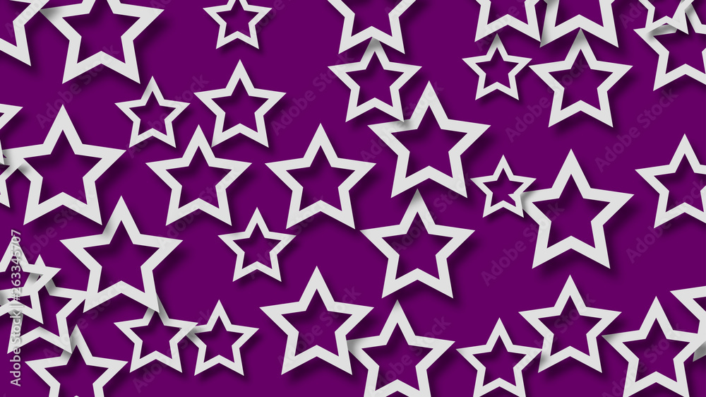 Abstract illustration of randomly arranged white stars with soft shadows on purple background Abstract illustration of randomly arranged white stars with soft shadows on purple background