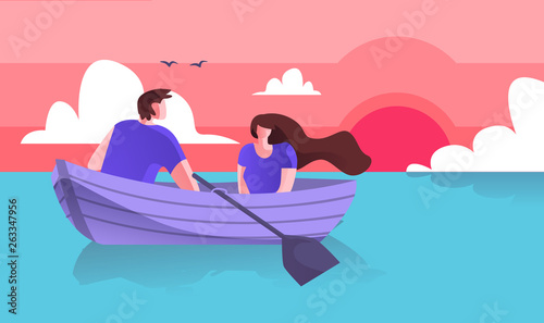 Lovers Guy with Girl Boating on Sea Cartoon Flat. 