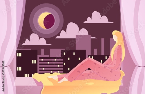 Lonely Girl at Night Looks at Moon Cartoon Flat.