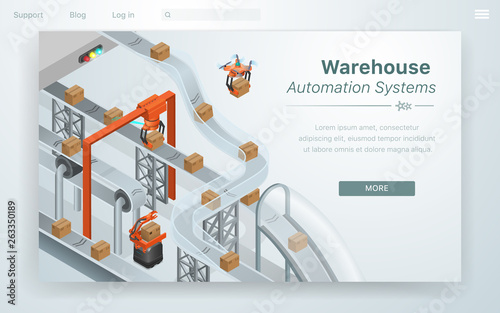 Cartoon Illustration Warehouse Automation System.
