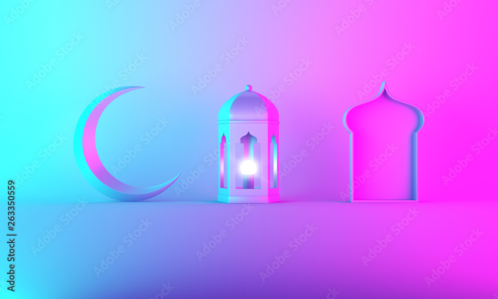 Arabic lantern, crescent moon, window on pink blue gradient background copy space text. Design creative concept for islamic celebration day ramadan kareem or eid al fitr adha. 3d rendering. Arabic lantern, crescent moon, window on pink blue gradient background copy space text. Design creative concept for islamic celebration day ramadan kareem or eid al fitr adha. 3d rendering.