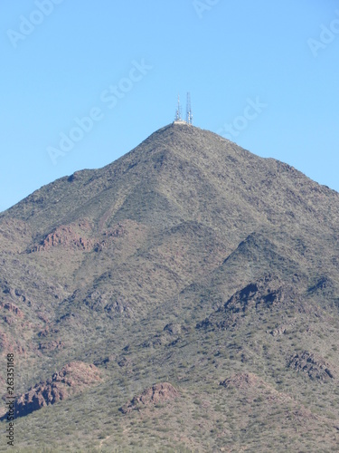 View of the radio and cell phone towers on the summit of Thompson Peak in the McDowell Mountain range near Phoenix  Arizona 