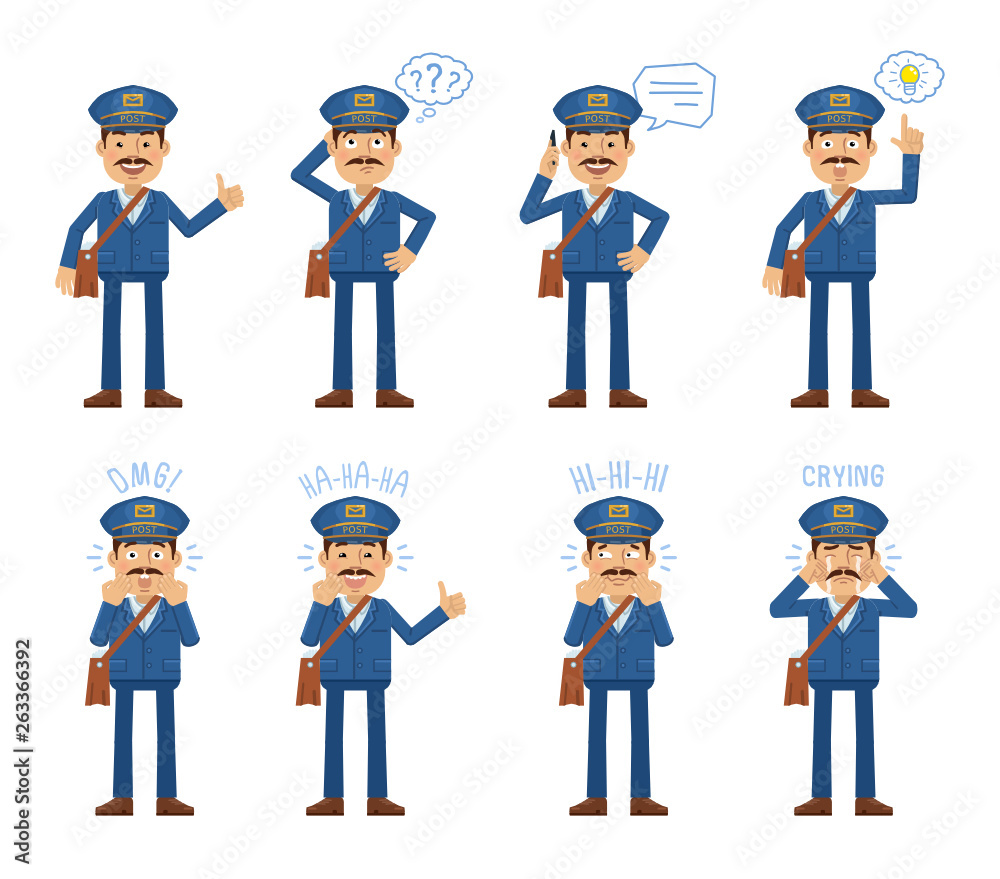 Set of postman characters posing in different situations. Cheerful mailman talking on the phone, thinking, pointing up, surprised, laughing, crying, smiling. Flat style vector illustration Set of postman characters posing in different situations. Cheerful mailman talking on the phone, thinking, pointing up, surprised, laughing, crying, smiling. Flat style vector illustration