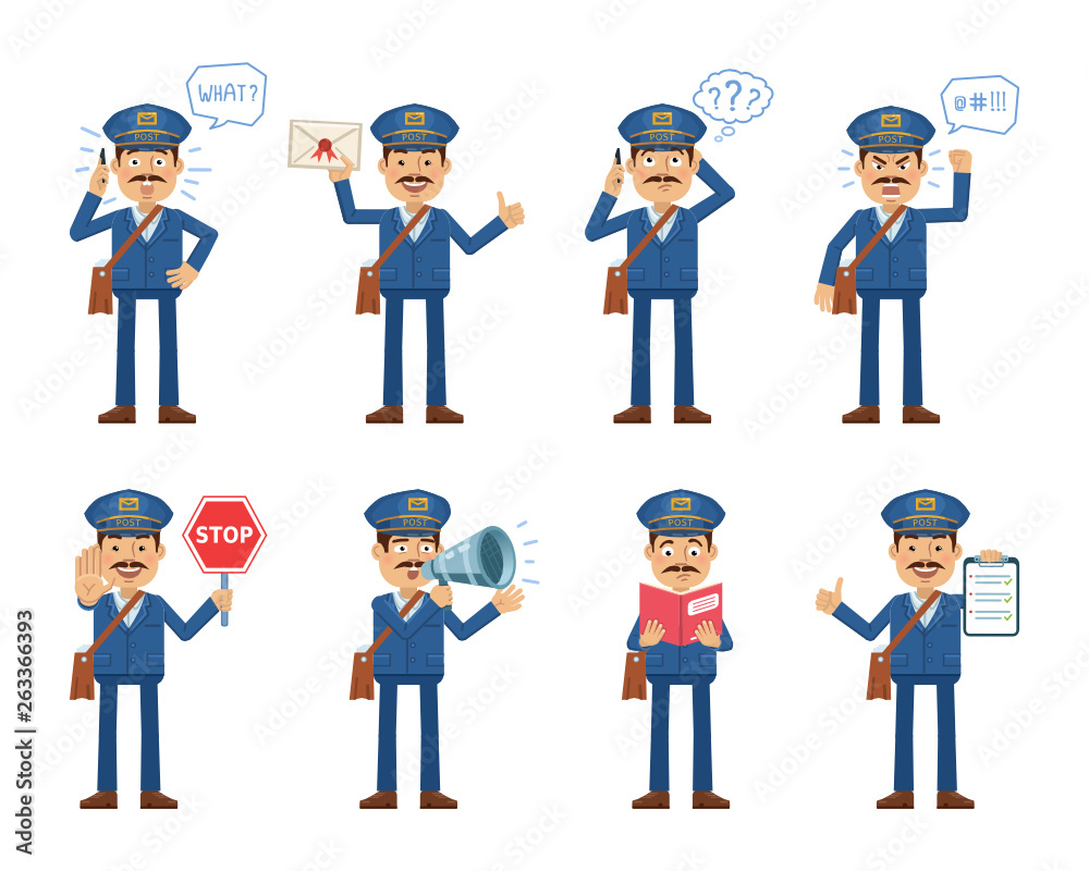 Set of postman characters posing in different situations. Cheerful mailman talking on phone, thinking, surprised, angry, holding stop sign, clipboard, book, loudspeaker. Flat vector illustration