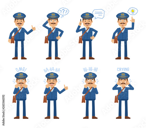 Set of postman characters posing in different situations. Cheerful mailman talking on the phone, thinking, pointing up, surprised, laughing, crying, smiling. Flat style vector illustration