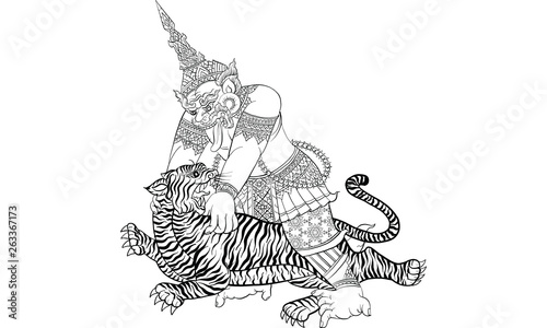 Tiger fighting with giant in Thai traditional painting vector