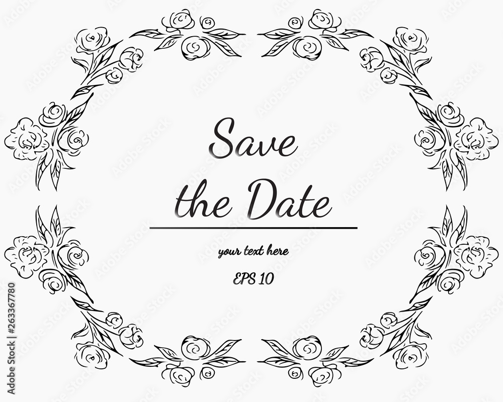 Wreath of Flowers on Gray Background. Floral Frame Design Elements For Invitations, Greeting Cards, Posters, Blogs. Hand drawn vector illustration. Save the date.