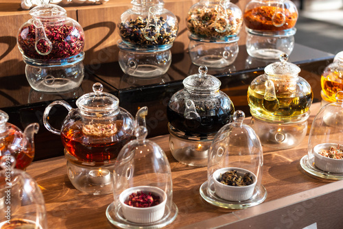 Glass teapots with different kind of tea. Travel. Market.Thailand