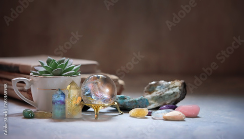 gemstones minerals for relaxation and meditation. Rock crystal, rhinestone, fluorite, citrine. Crystal Ritual, Relaxing Chakra, Healing Crystals. lithotherapie concept. copy space. soft focus