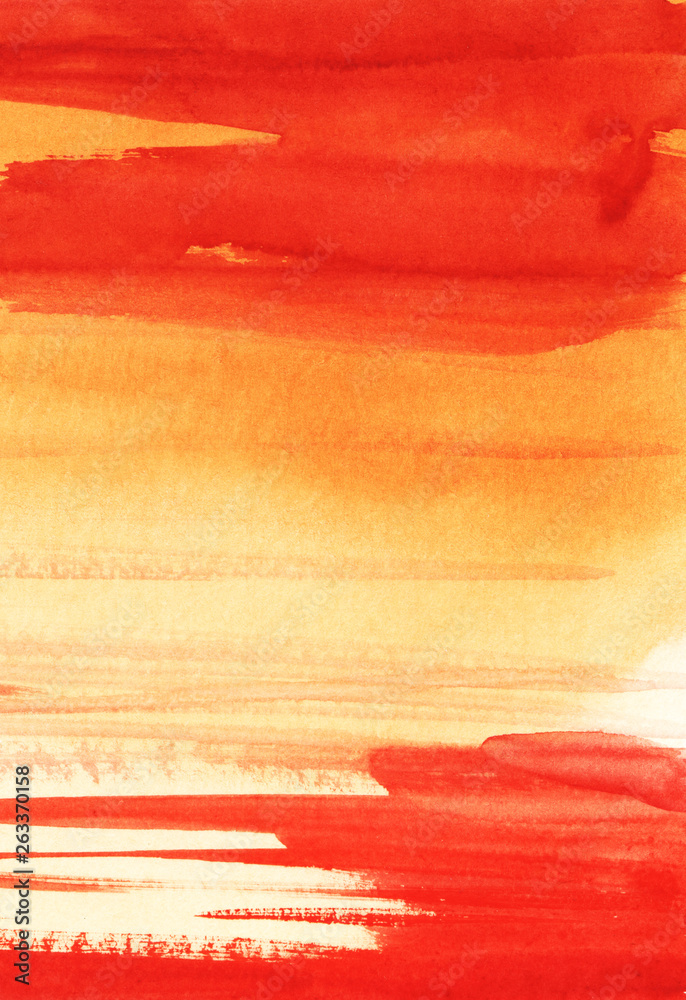 Abstract watercolor background. Gradient fill from saturated orange to white. Top bright red spots. Drawn hands on paper with texture.