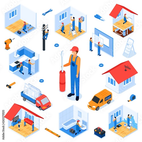 Set Turnkey Apartment Renovation Isometric Flat.