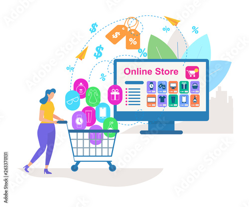 Young Woman Drive Shopping Cart with Purchases