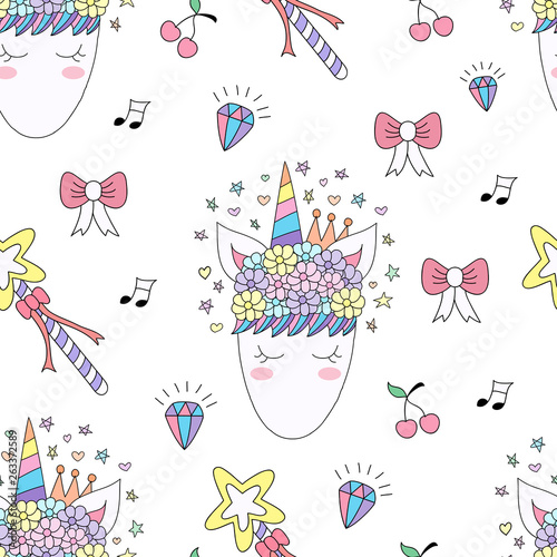 Seamless pattern cute unicorn cartoon hand drawn style.vector and illustration
