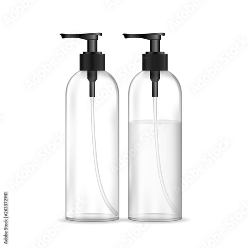 Cosmetic plastic bottle with black dispenser pump (transparent). Liquid container for gel, lotion, cream, shampoo, bath foam. Beauty product package, vector illustration.