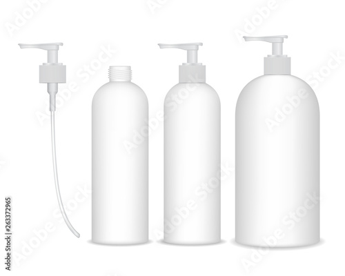 Cosmetic plastic bottle with white dispenser pump. Liquid container for gel, lotion, cream, shampoo, bath foam. Beauty product package, vector illustration.