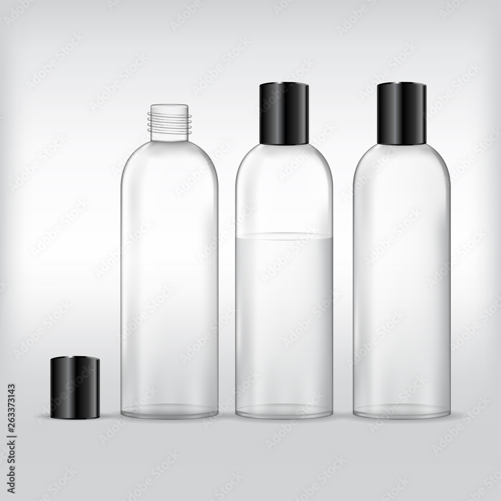 Cosmetic plastic bottle (transparent). Liquid container for lotion, shampoo, bath foam. Beauty product package, vector illustration. Cosmetic plastic bottle (transparent). Liquid container for lotion, shampoo, bath foam. Beauty product package, vector illustration.