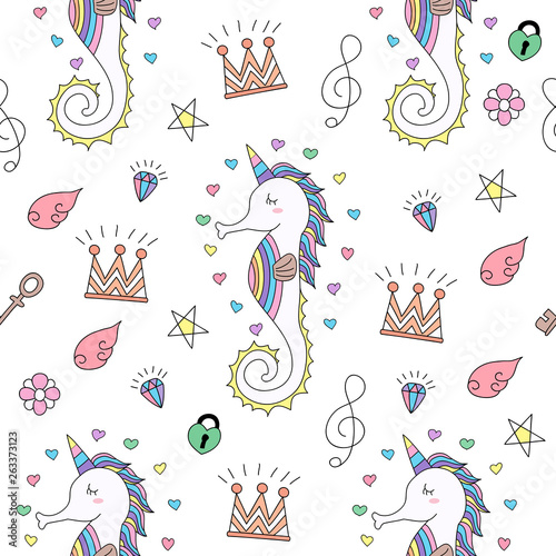 Seamless pattern cute unicorn cartoon hand drawn style.vector and illustration