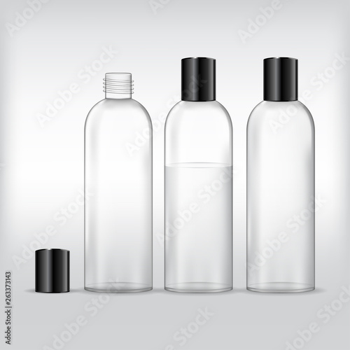 Cosmetic plastic bottle (transparent). Liquid container for lotion, shampoo, bath foam. Beauty product package, vector illustration.