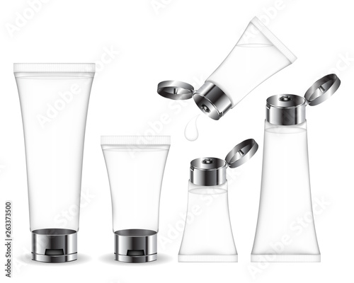 Cosmetic tube for cream, gel, liquid, foam. Beauty product package (transparent). Vector illustration.