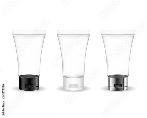 Cosmetic tube for cream, gel, liquid, foam. Beauty product package (transparent). Vector illustration.