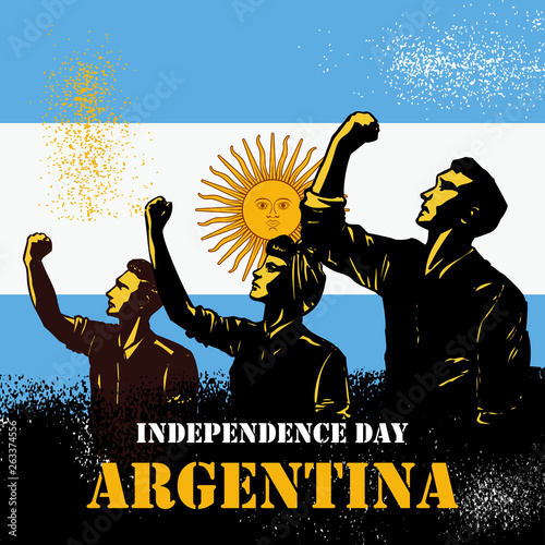 Independence day Argentina, Illustration of people raising fists on flag of Argentina. Vector Illustration
