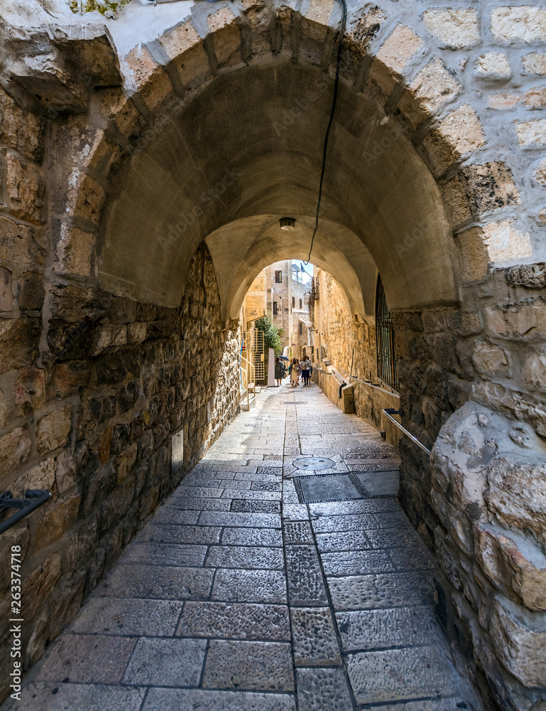 Ancient narrow street  in old city of Jerusalem, Israel