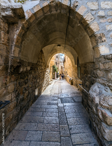Ancient narrow street  in old city of Jerusalem, Israel