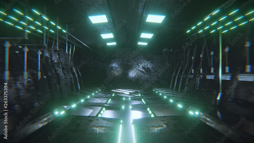 Sci-Fi grunge metallic corridor background with spot green light, 3d rendering.