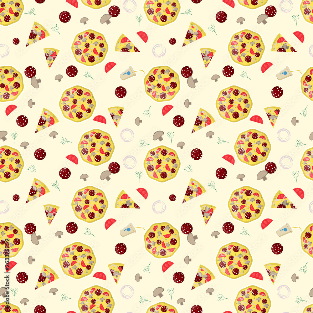 seamless pattern illustration, on the theme of Italian pizza cuisine, for decoration and design seamless pattern illustration, on the theme of Italian pizza cuisine, for decoration and design
