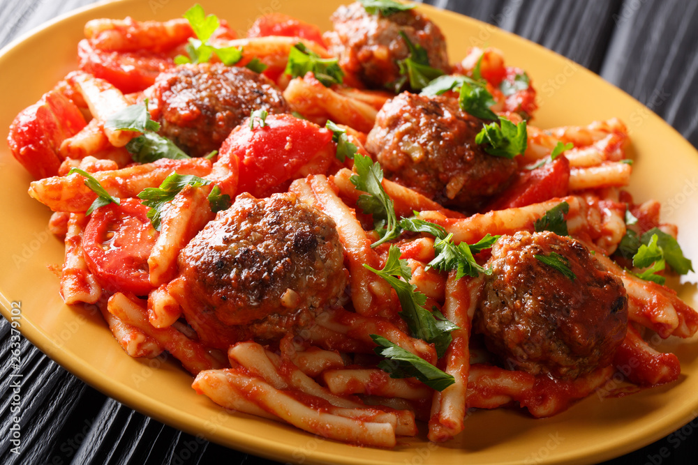 Homemade Casarecce pasta with meatballs, herbs and cheese in tomato sauce close-up on a plate. horizontal Homemade Casarecce pasta with meatballs, herbs and cheese in tomato sauce close-up on a plate. horizontal