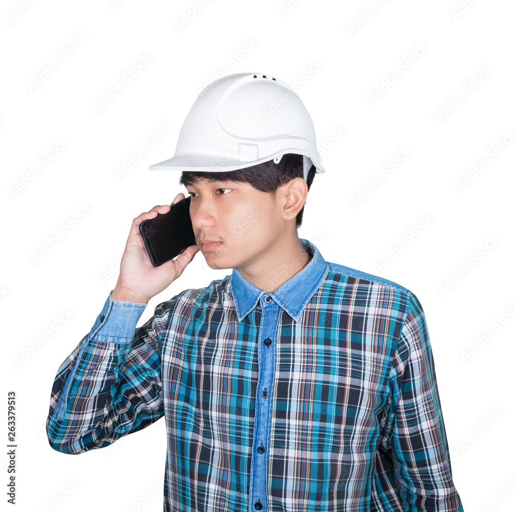 Businessman engineer thinking command with cell phone and wear white safety helmet plastic on white background. construction concept Businessman engineer thinking command with cell phone and wear white safety helmet plastic on white background. construction concept