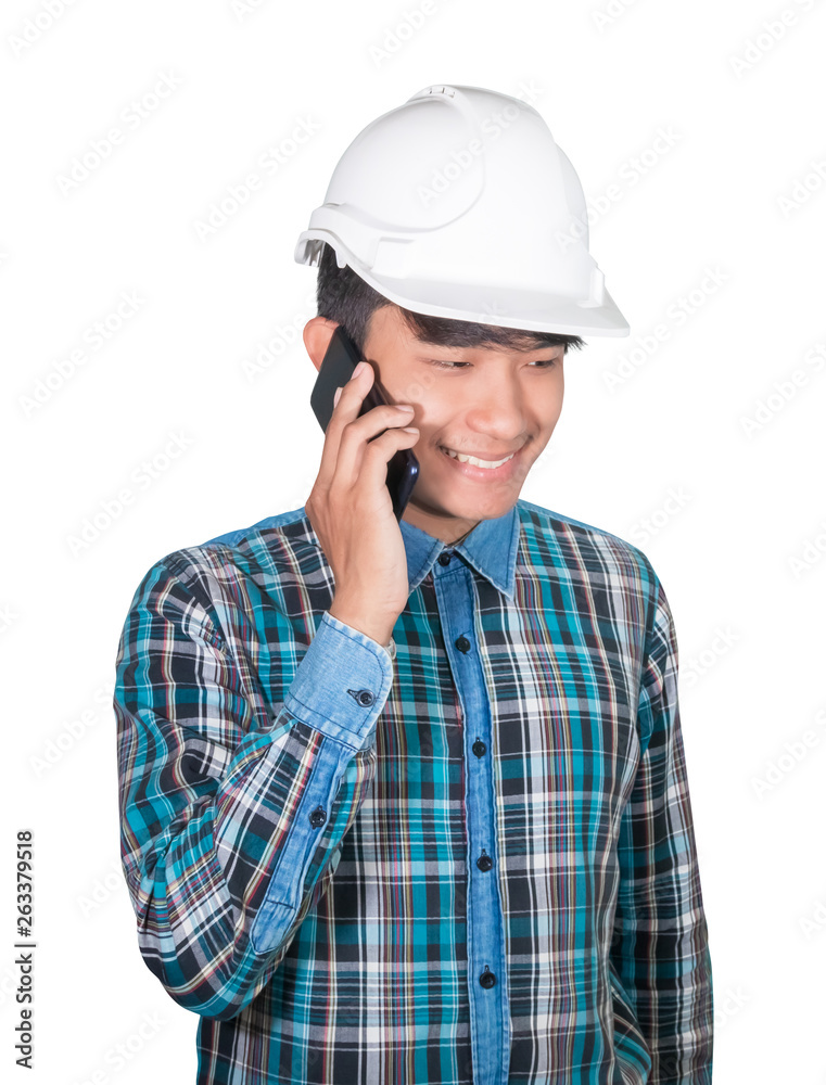 Businessman engineer thinking command with cell phone and wear white safety helmet plastic on white background. construction concept Businessman engineer thinking command with cell phone and wear white safety helmet plastic on white background. construction concept