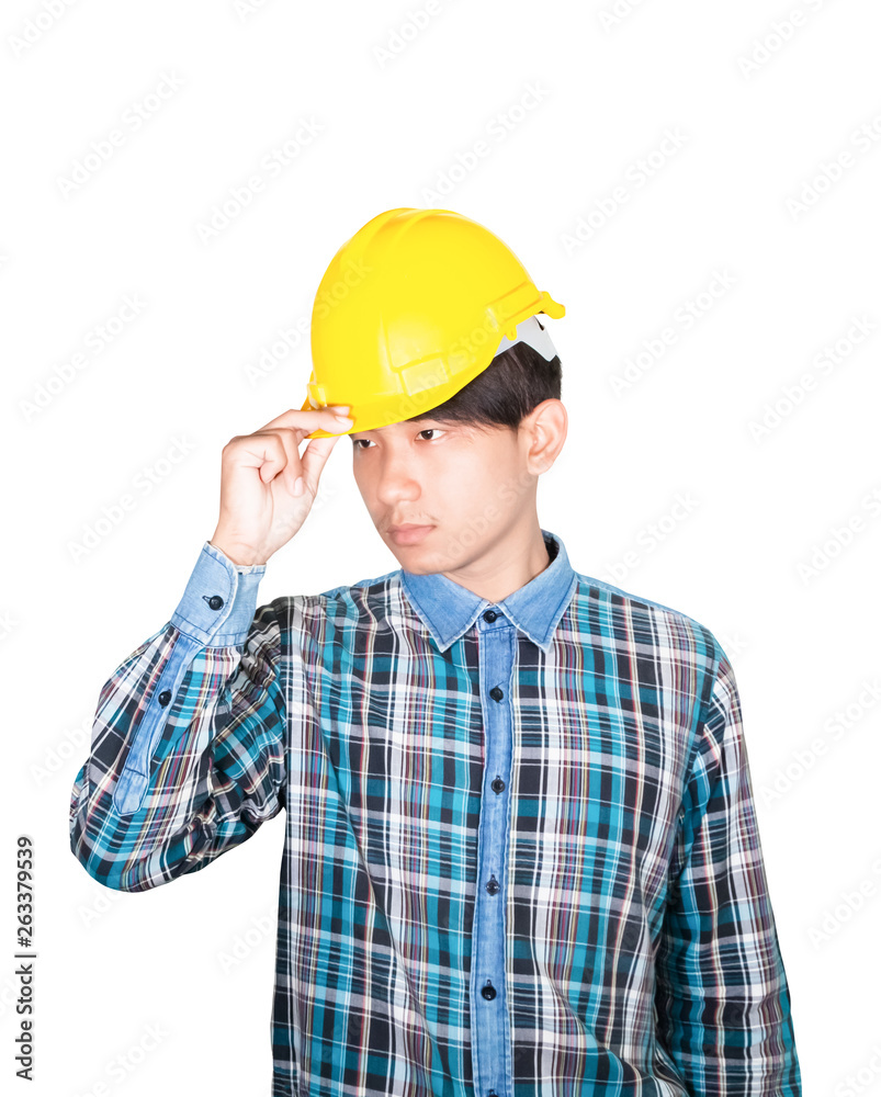 Engineer hand catch hold white safety helmet plastic on head. construction concept isolated on white background Engineer hand catch hold white safety helmet plastic on head. construction concept isolated on white background