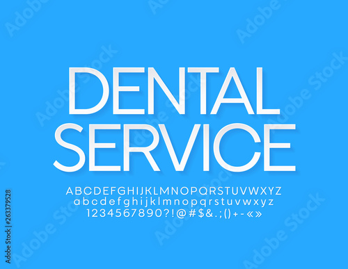 Vector minimalist logotype Dental Service. Modern Alphabet Letters, Numbers and Symbols. Trendy White Font 