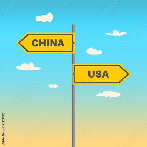 Road signs with USA and China text pointing in opposite directions. Image relative to politic situation between USA and China.